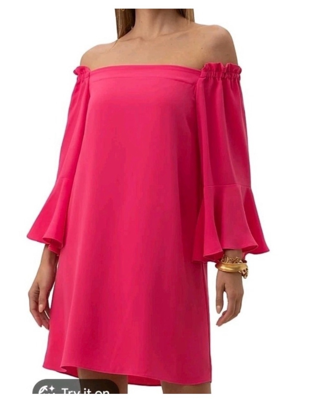 Trina Turk Knox Bright Pink Off-Shoulder Bell-Sleeve Mini Dress